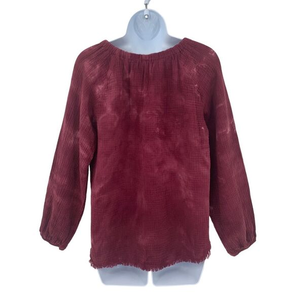 Anthropologie Cloth & Stone Burgundy Tie Dye Muslin Top with Raw Fringe Hem - Picture 4 of 11